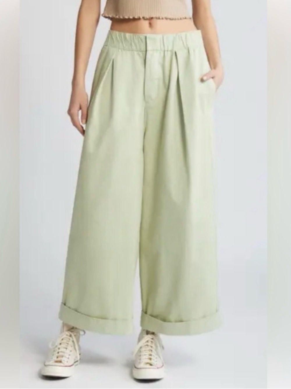 Free People After Love Roll Cuff Wide Leg Pants Size M Light Green